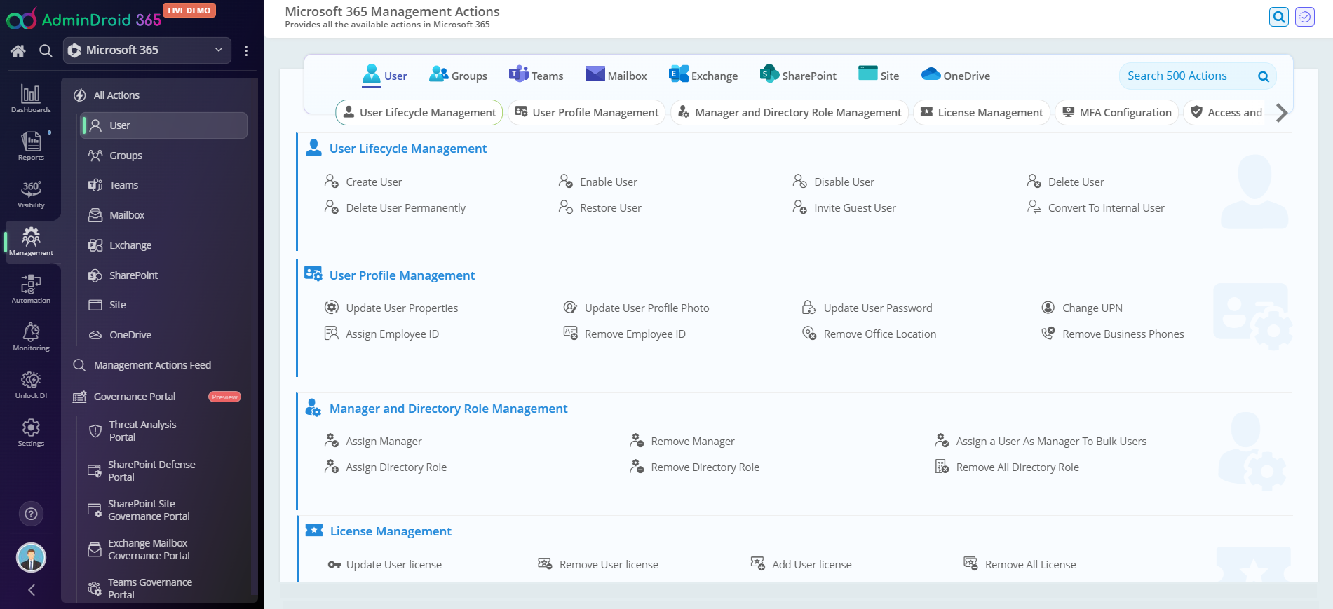 Microsoft 365 Management Actions mit User-Lifecycle-, Profil-, Rollen- und Lizenzverwaltung